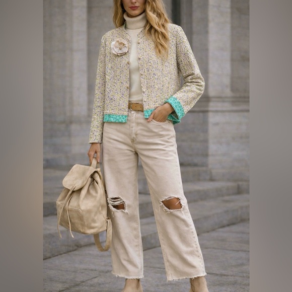 Reversible Quilted Cotton Blazer Jacket with Floral Brooch Cropped M, FBC Studio - Picture 4 of 17